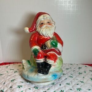 Vintage Plastic Santa Claus Holiday Figurine Music Box 8" Sitting on Gifts  - FS